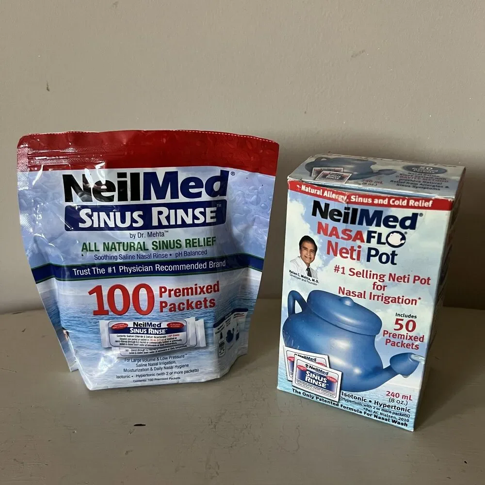 BNIB NeilMed Flu Cold Sinus Relief NasalFlo NetiPot + 73 Sinus Rinse Packets - Picture 1 of 2